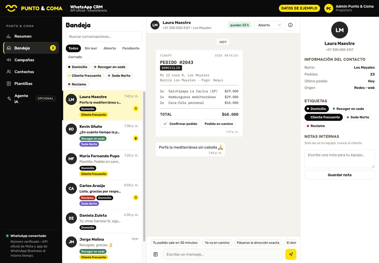 Bandeja de conversaciones con un pedido de la sede Mayales en forma de comanda y etiquetas por sede