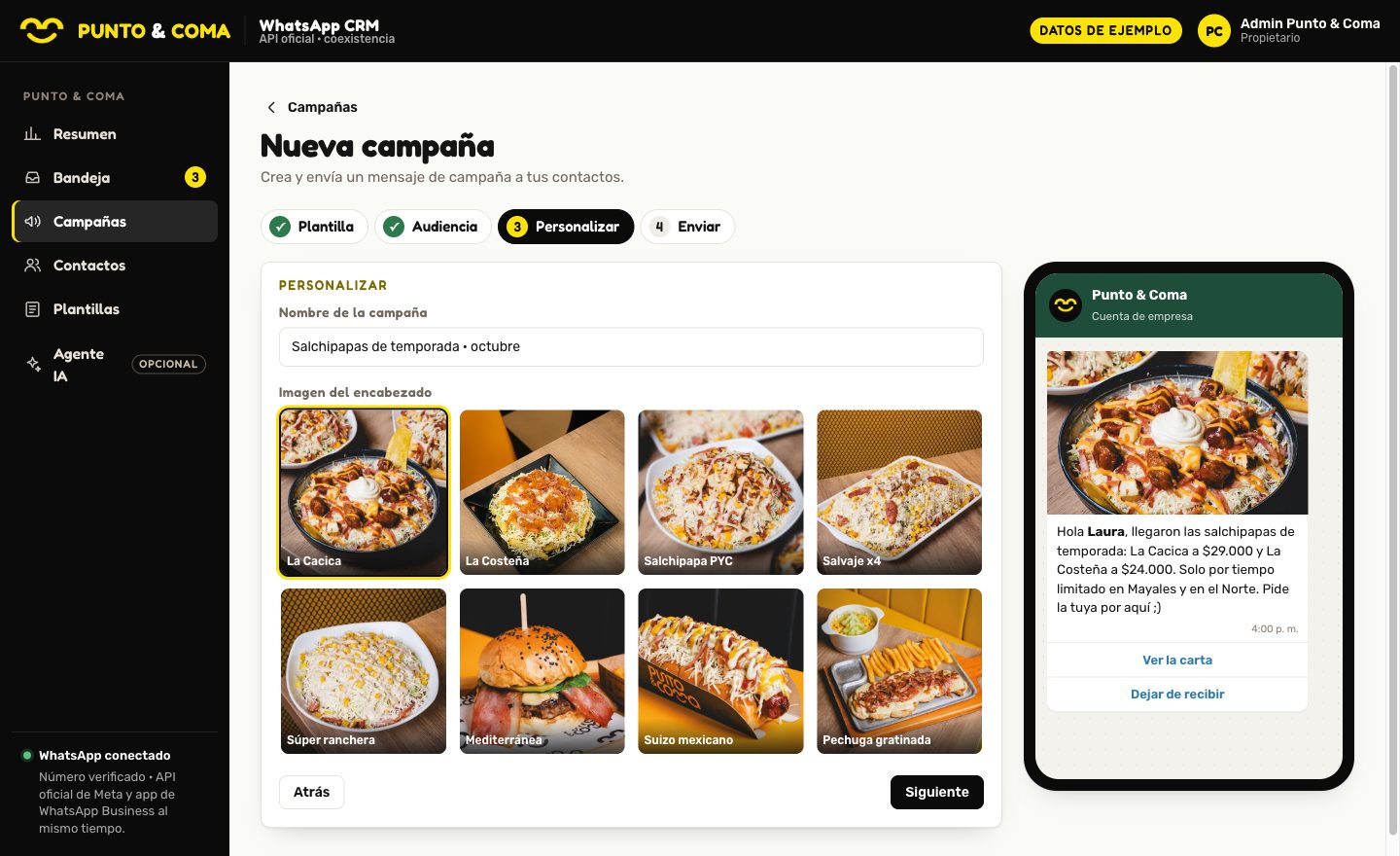 Creación de una campaña de salchipapas de temporada con foto de La Cacica